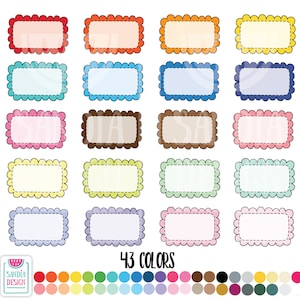 Puede incluir: Una cuadrícula de 16 etiquetas rectangulares con bordes festoneados en varios colores, incluyendo rojo, naranja, amarillo, verde, azul, rosa y marrón. Cada etiqueta tiene un interior blanco con un borde punteado. El texto "43 COLORS" se muestra debajo.