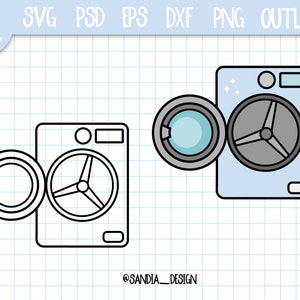 May include: A black and white line drawing of a washing machine with a door open. The washing machine has a round window and a control panel. The door is open and the inside of the washing machine is visible. The washing machine is on a white background with a grid pattern.
