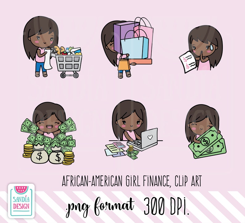 May include: A digital clip art set featuring an African-American girl in various finance-related scenarios. The illustrations include shopping, handling money, and working on a laptop. The text reads "African-American Girl Finance, Clip Art, png format 300 DPI."