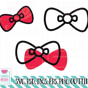 May include: Three black outline bow designs. One bow is filled in red, one is filled in white, and one is filled in red with a white centre circle.