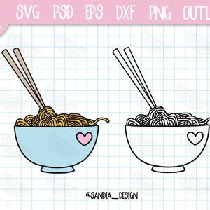 Puede incluir: Un dibujo en blanco y negro de un tazón de fideos con palillos. El tazón tiene un corazón en el lateral. Los fideos están en el tazón y los palillos sobresalen del tazón.