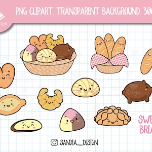 Puede incluir: Un conjunto de 10 ilustraciones de dibujos animados de varios panes dulces, incluyendo conchas, pan dulce y croissants. Cada pan tiene una cara linda y está dibujado en un estilo colorido. El texto "SWEET BREAD" está escrito en una fuente divertida.