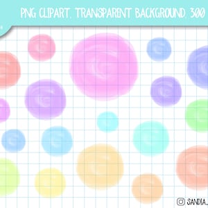 Puede incluir: Una colección de círculos estilo acuarela en varios colores pastel, incluyendo rosa, morado, azul, verde y amarillo. Los círculos están dispersos sobre un fondo de cuadrícula. El texto en la parte superior dice "PNG CLIPART, TRANSPARENT BACKGROUND, 300 DPI".