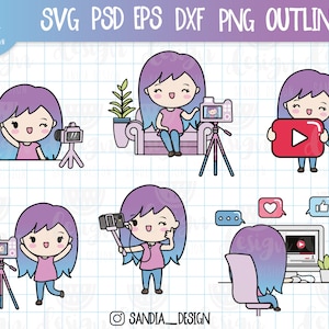 Chibi Youtuber Clip art, Chibi Blogger, Influencer SVG, png, PSD, dxf, EPS, Personal and Commercial use.