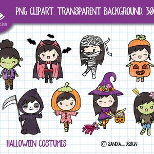 May include: A selection of cartoon Halloween costumes, such as a mummy, pumpkin, witch, and zombie. The image features the text "HALLOWEEN COSTUMES" and "PNG CLIPART, TRANSPARENT BACKGROUND, 300 DPI". The Sandia Design logo is also visible.