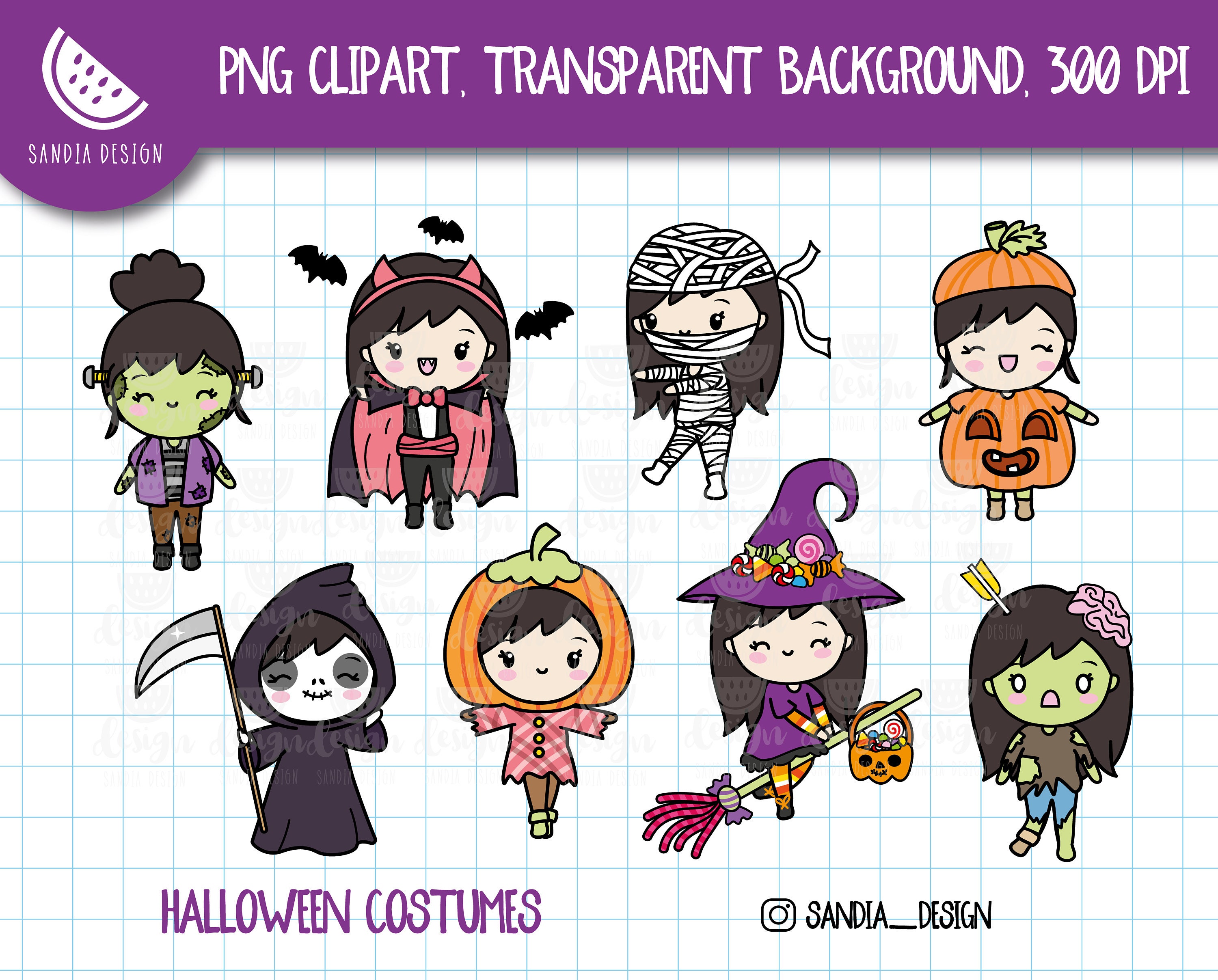 Halloween Costumes Clipart Chibi Girl Dark-haired Clipart. - Etsy ...