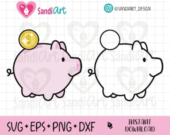 Cute Kawaii Piggy Bank, Editable files, SVG, EPS, PNG, Dxf, Outline, Commercial use