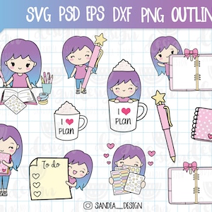 Chibi Planner Girl Clip art, Planning Time, Chibi girl, SVG, png, PSD, dxf, EPS, Personal and commercial use.