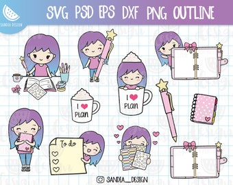Chibi Planner Girl ClipArt, Planning Time, Chibi Girl, SVG, png, PSD, dxf, EPS, Persönliche und kommerzielle Nutzung.
