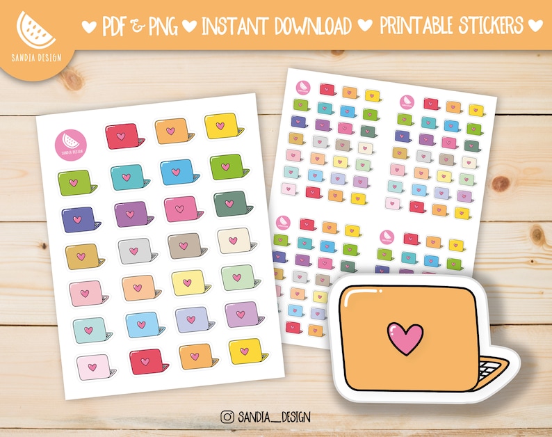 Printable Stickers Sheet, Printable Planner Stickers. Doodle Laptop