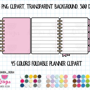 Puede incluir: Un clipart de planificador plegable rosa con páginas rayadas y encuadernación en espiral. La imagen incluye el texto "45 PNG CLIPART, TRANSPARENT BACKGROUND, 300 DPI" y "45 COLORS FOLDABLE PLANNER CLIPART".