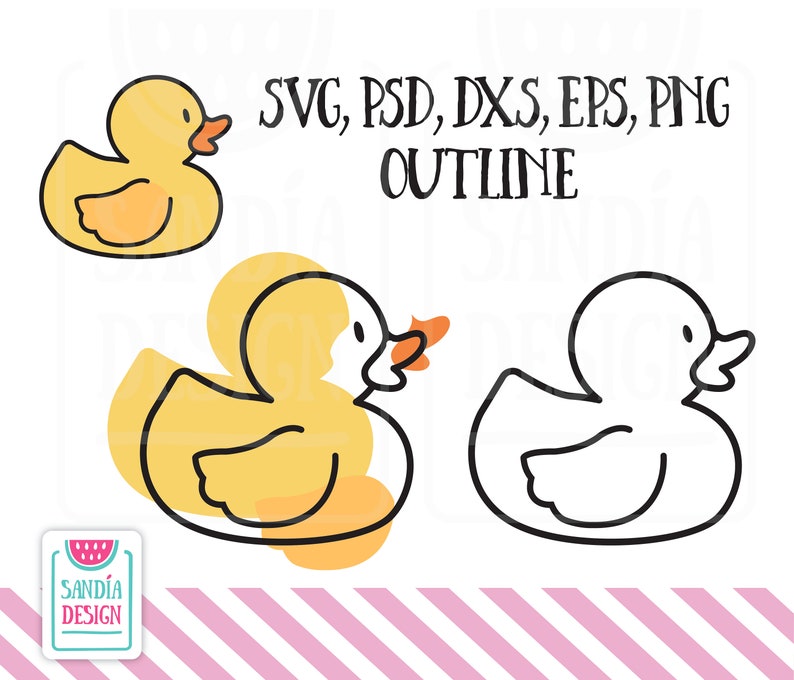 K&ouml;nnte beinhalten: Drei Illustrationen einer gelben Gummi-Ente. Die erste Ente ist einfarbig gelb. Die zweite Ente ist schwarz umrandet und mit Gelb gef&uuml;llt. Die dritte Ente ist eine schwarze Umrandung. Der Text "SVG, PSD, DXS, EPS, PNG OUTLINE" befindet sich &uuml;ber den Enten.