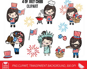 July 4th, Patriotic, Chibi girl, DARK-HAIRED Girl, Clipart, Personal and comercial use