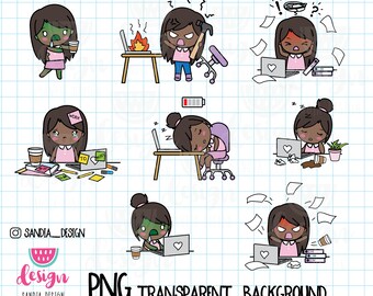 African-American girl Clipart, Work, Overworked, Stressed, Angry, Chibi, Chibi girls, girls clipart, Clipart, Clipart png, PNG file.