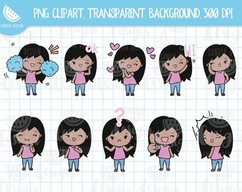 Chibi feelings, moods Girls Bundle Clipart, Brunette Chibi Girl.