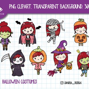 Puede incluir: Una colección de ocho personajes de disfraces de Halloween de dibujos animados. Los personajes incluyen un zombi, un vampiro, una momia, una calabaza, la muerte, una bruja y otros dos personajes zombis. Las palabras "Halloween Costumes" están en la parte inferior.