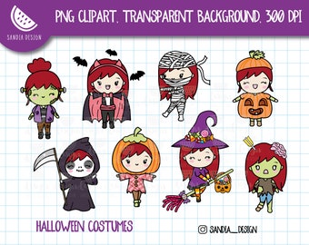 Halloween Costumes Clipart, Chibi Girl, Redhead, Clipart. Chibi Girl. Personal and comercial use.
