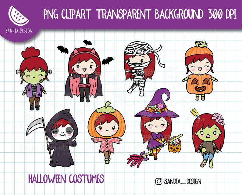 Halloween Costumes Clipart, Chibi Girl, Redhead, Clipart. Chibi Girl. Personal and comercial use. image 1