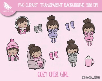 Brunette Cozy Chibi Girl, Clipart, Chibi Girl, Personal and comercial use