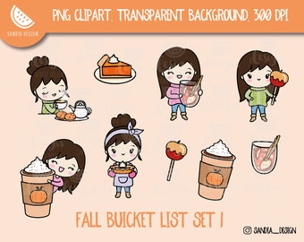 Dark-Haired Fall Bucket List Set 1, Clipart, Autumn Chibi Girl, Personal and comercial use