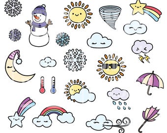 Doodle Weather Clipart. Kawaii and No Kawaii. Personal and comercial use.