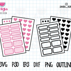 Puede incluir: Dos juegos de pegatinas de planificador imprimibles. El primer juego es rosa con corazones y una sección de casillas en blanco. El segundo juego es negro con corazones y una sección de casillas en blanco.