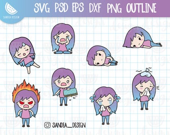 May include: Set of eight digital illustrations of a cartoon girl with purple and blue hair in different emotional states. The girl is crying, sad, angry, sick, and tired. The illustrations are in a cartoon style and are perfect for use in digital projects.
