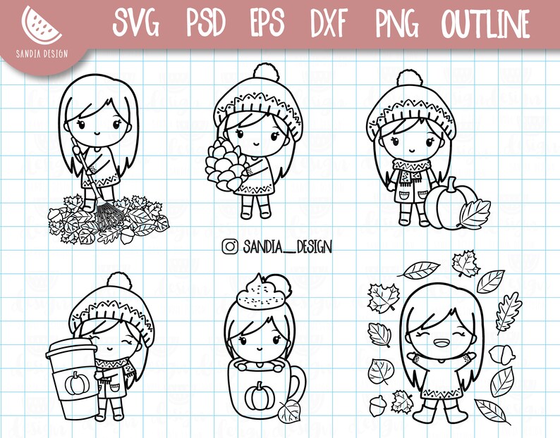 Fall, Autumn Clip Art, Chibi Girl, SVG, Png, PSD, Dxf, EPS, Personal ...