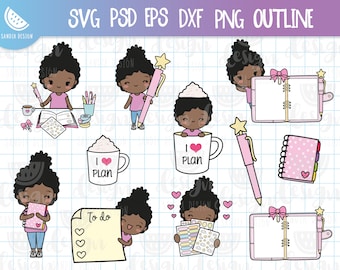 Afro Chibi Planner Girl Clip art, Planning Time, Chibi girl, SVG, png, PSD, dxf, EPS, Personal and commercial use.