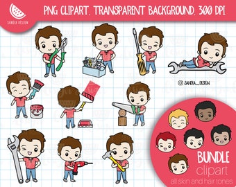 Chibi Boy Tools, Bundle Clipart, Chibi character, 6 different hair and skin styles. Personal and comercial use