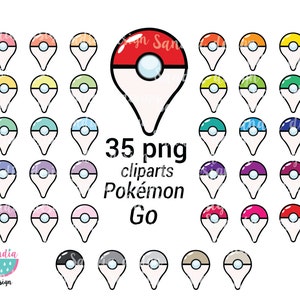 Puede incluir: Un conjunto de 35 imágenes prediseñadas PNG de pines de ubicación coloridos, cada uno con un elemento circular y una base blanca. Se incluye el texto "Pokémon Go". Los diseños son de varios colores, incluyendo rojo, naranja, amarillo, verde, azul, morado, rosa y negro.