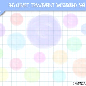 Puede incluir: Clipart digital estilo acuarela con círculos de colores pastel sobre un fondo de cuadrícula. La imagen incluye el texto "PNG CLIPART, TRANSPARENT BACKGROUND, 300 DPI" y el logotipo de Sandía Design. Los círculos son en tonos rosa, azul, verde y amarillo.