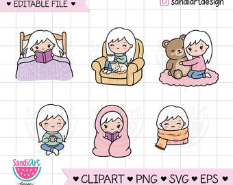 Cozy Girl Clipart, Chibi girl, PNG, EPS, SVG, Personal and Commercial use.