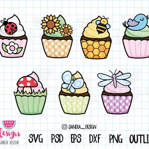 Puede incluir: Una colección de siete cupcakes ilustrados con varios ingredientes. Cada cupcake tiene un diseño único, que incluye una mariquita, girasoles, una abeja, un pájaro, una seta, una mariposa y una libélula. Los cupcakes están en envoltorios coloridos.