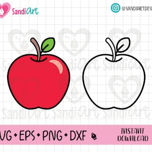 May include: A red apple with a green leaf on top, and a black outline.  There is also a black and white outline of the same apple.