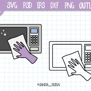 Puede incluir: Un dibujo en blanco y negro de un microondas con un paño de limpieza blanco y una mano enguantada de morado limpiando la ventana. El microondas tiene una pantalla digital y botones.