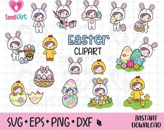 Ostern Chibi Mädchen Clipart, bearbeitbare Dateien, SVG, EPS, PNG, Dxf, kommerzielle Nutzung