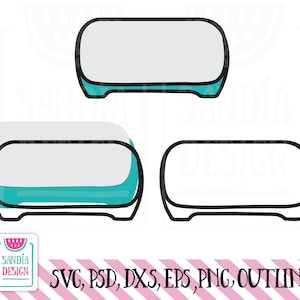 Può includere: Due immagini in bianco e nero di una macchina da taglio Cricut. L'immagine superiore ha una base blu turchese. L'immagine inferiore è un semplice contorno.