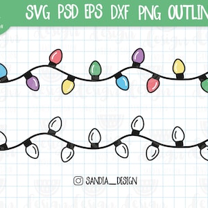 May include: Two strings of colorful Christmas lights with white bulbs. The lights are drawn in a simple, hand-drawn style.