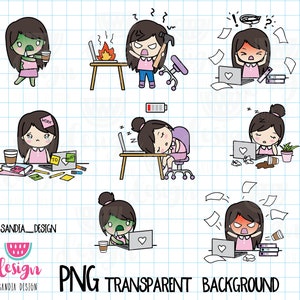 Dark-Haired girl Clipart, Work, Overworked, Stressed, Angry, Chibi, Chibi girls, girls clipart, Clipart, Clipart png, PNG file.