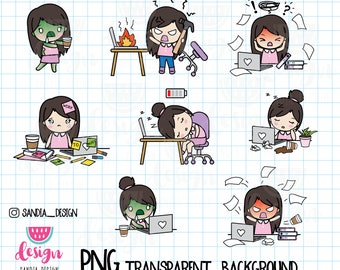 Dark-Haired girl Clipart, Work, Overworked, Stressed, Angry, Chibi, Chibi girls, girls clipart, Clipart, Clipart png, PNG file.