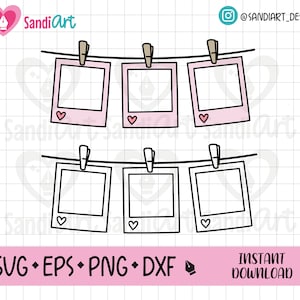 Puede incluir: Seis marcos de fotos rosas y blancos con contornos negros y corazones colgados de una cuerda con pinzas para la ropa. Los marcos están en blanco y listos para las fotos.