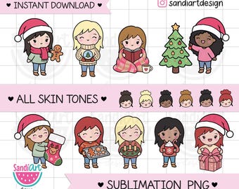 CHRISTMAS Chibi Bundle Clipart, all Skin tones, SUBLIMATION PNG, Digital Stickers, Goodnotes Stickers, Personal and Commercial use