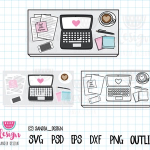 以下が含まれることがあります： ラップトップ、コーヒーカップ、付箋、電話のあるデスクワークスペースのデジタルイラスト。ラップトップの画面にはピンクのハートがあります。付箋には「Appt Bills Expenses」というテキストが書かれています。