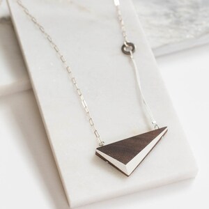 White Walnut Triangle Necklace // Geometric Wooden Pendent with Contrast Faceted Edges and Solid Silver asymmetrical minimal LONG 24 image 1