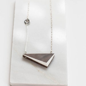 White Walnut Triangle Necklace // Geometric Wooden Pendent with Contrast Faceted Edges and Solid Silver asymmetrical minimal LONG 24 image 5