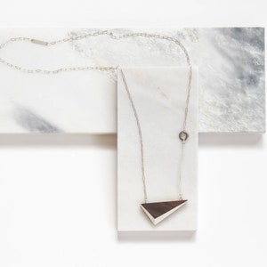 White Walnut Triangle Necklace // Geometric Wooden Pendent with Contrast Faceted Edges and Solid Silver asymmetrical minimal LONG 24 image 3