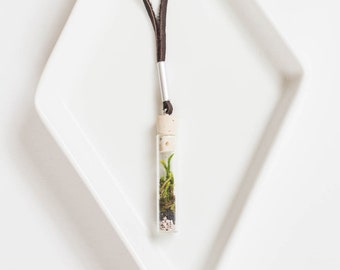 Miniature Terrarium Necklace // A Wearable Organic Ecosystem Dark LEATHER with magnetic clasp