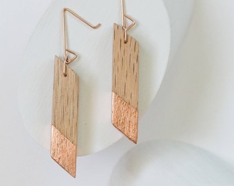 Gilded Oak Angle Earrings // Lightweight Wood + Copper Leaf Accents, Rose Gold Geometric Drop Dangle