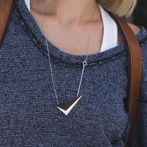 White Walnut Triangle Necklace // Geometric Wooden Pendent with Contrast Faceted Edges and Solid Silver asymmetrical minimal LONG 24 image 2